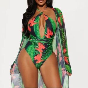 Fashion Nova Tropical Green & Coral One-Piece Swimsuit